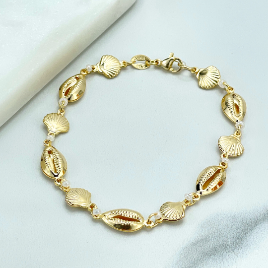 18k Gold Filled Cowrie Shell, Simulated Pearl and Clamshell Linked Charms Bracelet, Beach Jewel, Wholesale