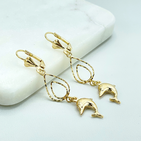 18k Gold Filled Cutout Double Tear Shape with Dangle Dolphins Charms Earrings