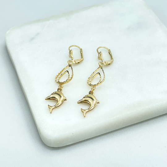 18k Gold Filled Cutout Double Tear Shape with Dangle Dolphins Charms Earrings, Wholesale Jewelry Making Supplies