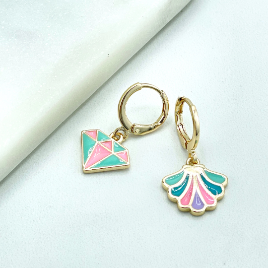 18k Gold Filled Colored Colorful Enamel Dangle Charms Huggie Earrings with Diamond Shape or Shell Shape Charms, Wholesale