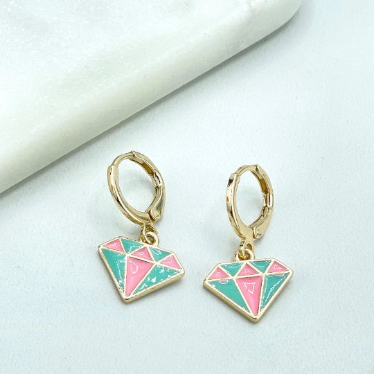 18k Gold Filled Colored Colorful Enamel Dangle Charms Huggie Earrings with Diamond Shape or Shell Shape Charms, Wholesale