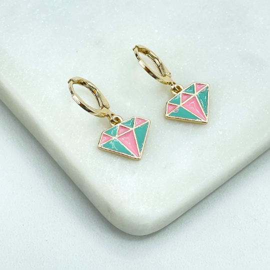 18k Gold Filled Colored Colorful Enamel Dangle Charms Huggie Earrings with Diamond Shape or Shell Shape Charms, Wholesale