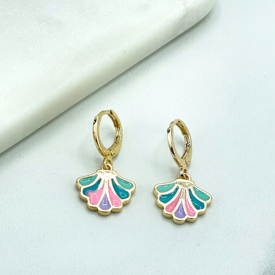 18k Gold Filled Colored Colorful Enamel Dangle Charms Huggie Earrings with Diamond Shape or Shell Shape Charms, Wholesale