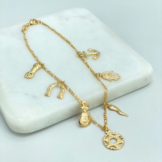 18k Gold Filled Dangle Anchor, Hamsa Hand, Cornicello, Star of David, Money Bag, Horseshoe & Figa Hand Charms Anklet