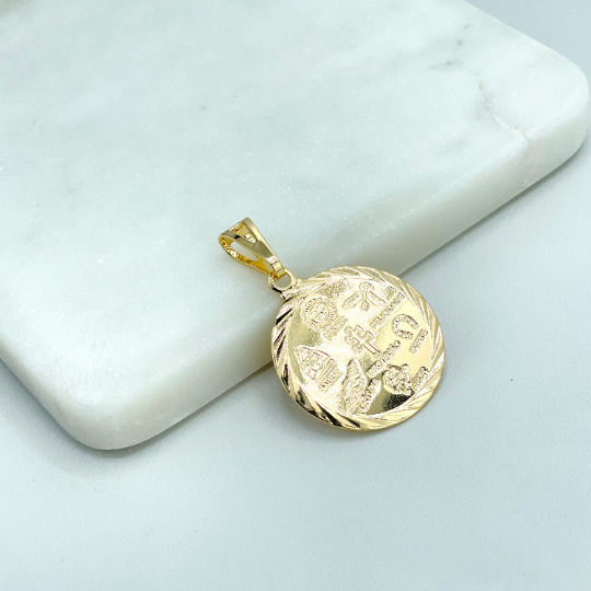 18k Gold Filled Good Luck and Protection Medal Charm with Luck, Health, Power, Happiness, Love, Protection, Fortune Symbols,Circle Medal Medallion Pendant