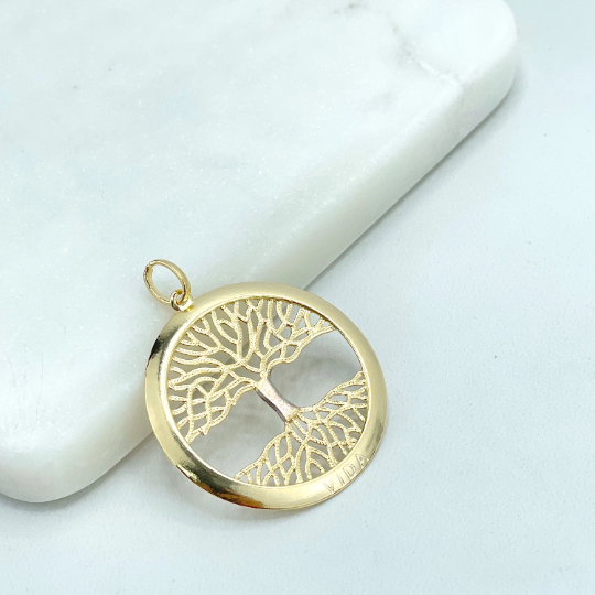 18k Gold Filled Two Tone Cutout Medal Medallion Mother-Of-Pear, Tree of Life Pendant Charm "VIDA" description, Wholesale Jewelry Supplies