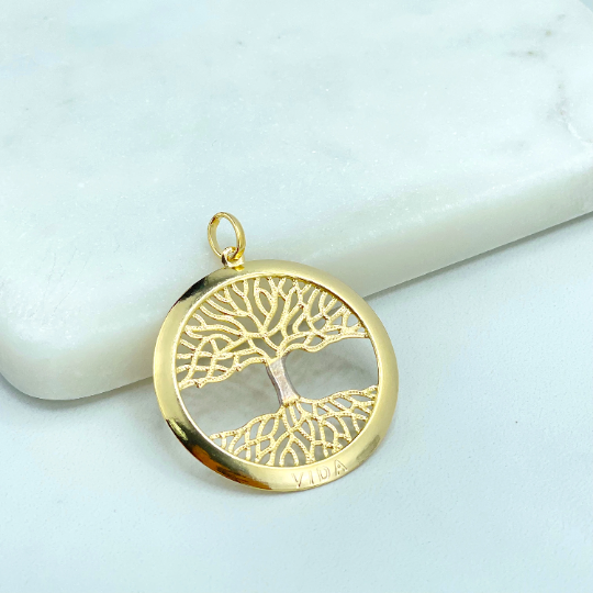 18k Gold Filled Two Tone Cutout Medal Medallion Mother-Of-Pear, Tree of Life Pendant Charm "VIDA" description