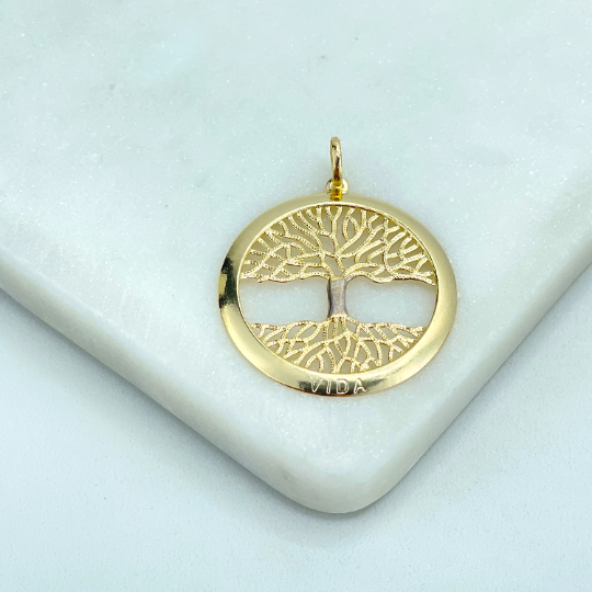 18k Gold Filled Two Tone Cutout Medal Medallion Mother-Of-Pear, Tree of Life Pendant Charm "VIDA" description, Wholesale Jewelry Supplies