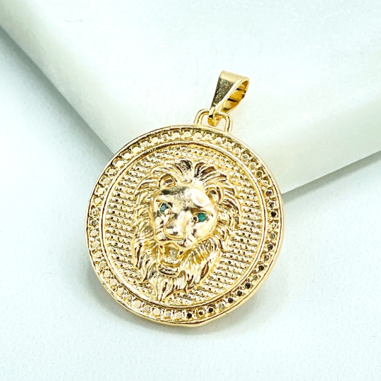 18k Gold Filled Green CZ Eyes Lion Animal Charm, Texturized Lion Head Face Medal Medallion Pendant Charm