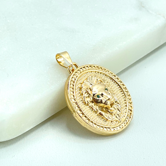 18k Gold Filled Green CZ Eyes Lion Animal Charm, Texturized Lion Head Face Medal Medallion Pendant Charm, Wholesale