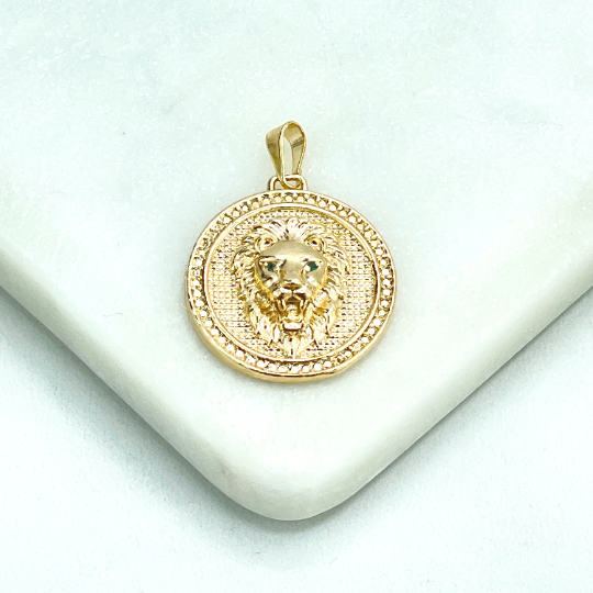 18k Gold Filled Green CZ Eyes Lion Animal Charm, Texturized Lion Head Face Medal Medallion Pendant Charm, Wholesale
