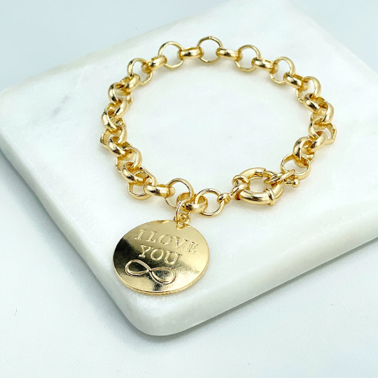 18k Gold Filled 8mm Rolo Chain, Dangle Round Medal "I Love You" & Infinity Symbol Charm, Spring Ring Clasp