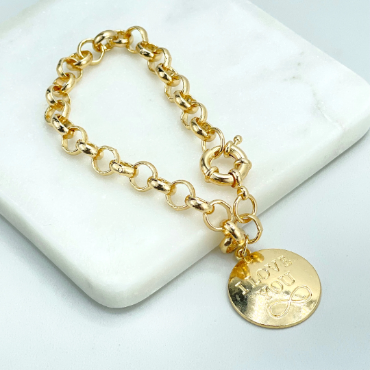 18k Gold Filled 8mm Rolo Chain, Dangle Round Medal "I Love You" & Infinity Symbol Charm, Spring Ring Clasp, Wholesale
