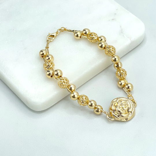 18k Gold Filled Polished Gold Beads and Hollow Filigree Link Specialty Chain with Rose Charm Bracelet