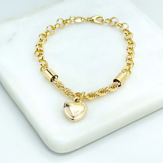 18k Gold Filled 5mm Rolo Chain & Rope Chain Linked Bracelet with Dangle Puffed Heart Charm