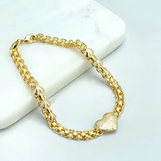 18k Gold Filled 5mm Box Chain with Hearts Shape Charms Linked Bracelet