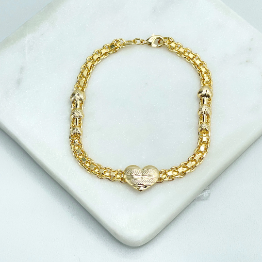 18k Gold Filled 5mm Box Chain with Hearts Shape Charms Linked Bracelet