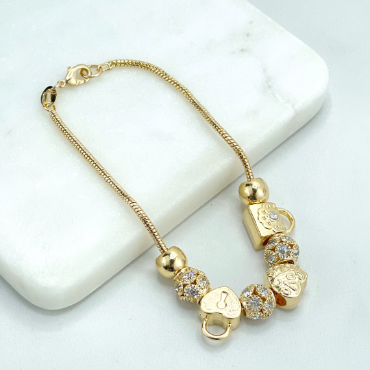 18k Gold Filled 2mm Snake Chain with 08 Berloques Bracelet