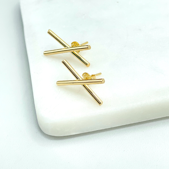 18k Gold Filled Modernist Modern Geometric Earrings, Tube Stylized X Shape Earrings