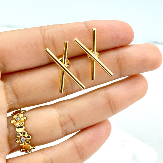 18k Gold Filled Modernist Modern Geometric Earrings, Tube Stylized X Shape Earrings