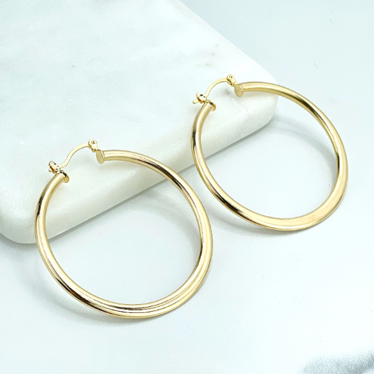 18k Gold Filled 50mm Polished & Flat Hoops Earrings, Classic Hoops Earrings, Wholesale