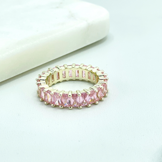 18k Gold Filled Simulated Pink Tourmaline Emerald Cut Cubic Zirconia Eternity Baguette Settings Band Ring