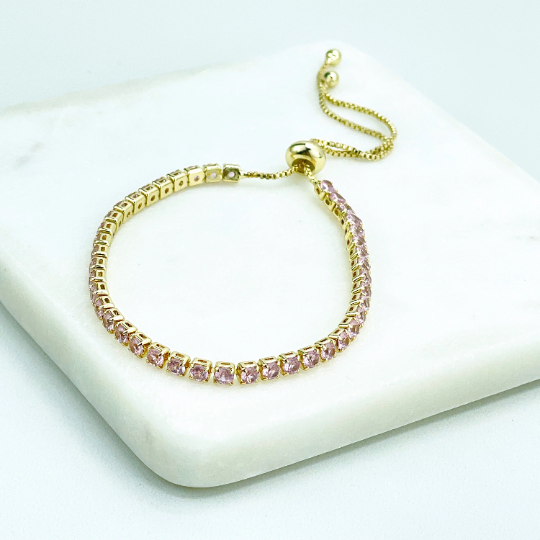 18k Gold Filled Simulated Pink Tourmaline Tennis Cut Cubic Zirconia Adjustable Bracelet, Wholesale