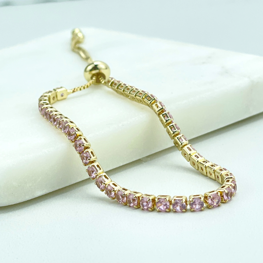 18k Gold Filled Simulated Pink Tourmaline Tennis Cut Cubic Zirconia Adjustable Bracelet, Wholesale