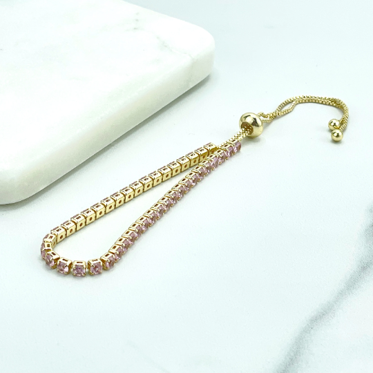 18k Gold Filled Simulated Pink Tourmaline Tennis Cut Cubic Zirconia Adjustable Bracelet, Wholesale