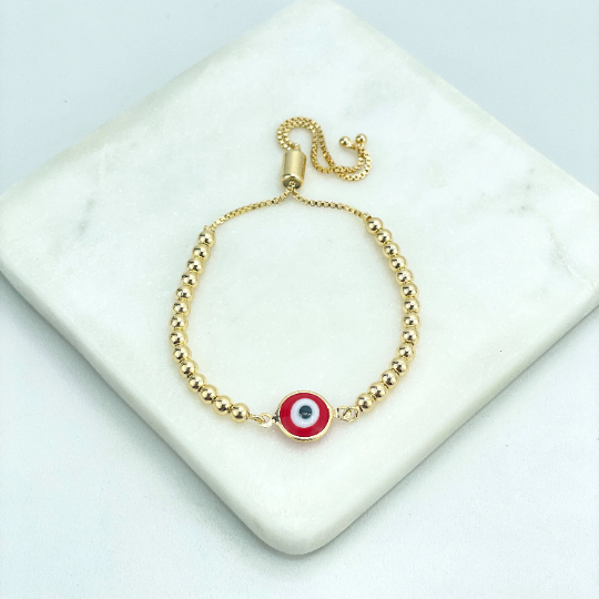 18k Gold Filled 1mm Box Chain and Gold Beads Adjustable Bracelet with Red Evil Eye Link Charm, Wholesale
