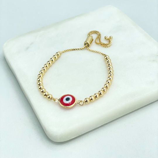 18k Gold Filled 1mm Box Chain and Gold Beads Adjustable Bracelet with Red Evil Eye Link Charm, Wholesale
