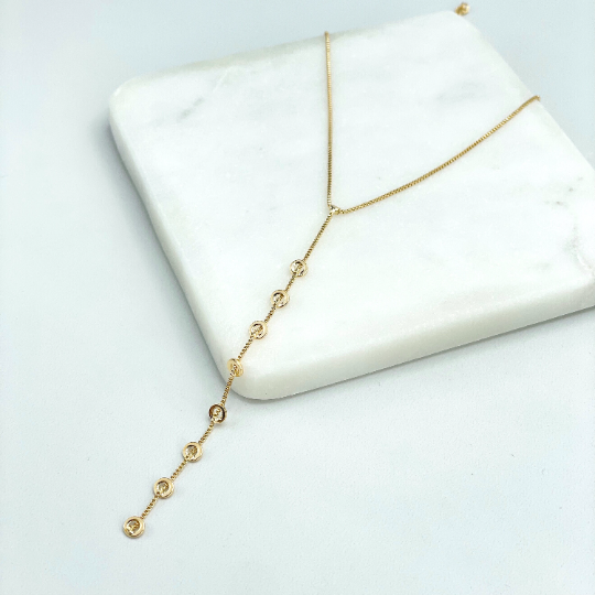 18k Gold Filled 1mm Box Chain Lariat Necklace with Drop Gold Rings, Drop Dangle Front Necklace, Wholesale