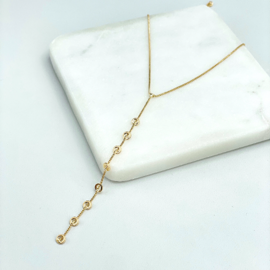 18k Gold Filled 1mm Box Chain Lariat Necklace with Drop Gold Rings, Drop Dangle Front Necklace