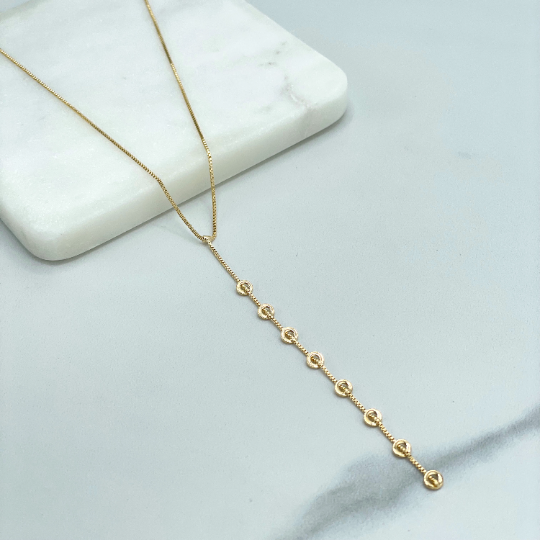 18k Gold Filled 1mm Box Chain Lariat Necklace with Drop Gold Rings, Drop Dangle Front Necklace