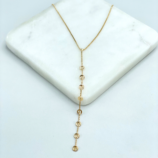 18k Gold Filled 1mm Box Chain Lariat Necklace with Drop Gold Rings, Drop Dangle Front Necklace