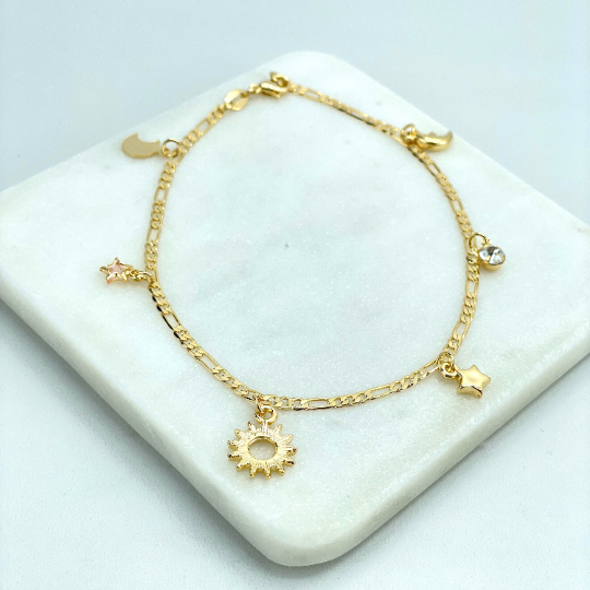 18k Gold Filled 3mm Figaro Chain with Dangle Sun, Stars, Moon & CZ Charms Anklet, Star and Celestial, Wholesale