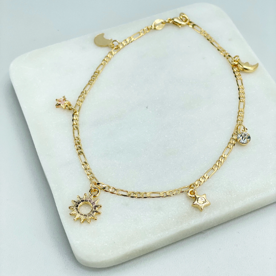 18k Gold Filled 3mm Figaro Chain with Dangle Sun, Stars, Moon & CZ Charms Anklet, Star and Celestial, Wholesale