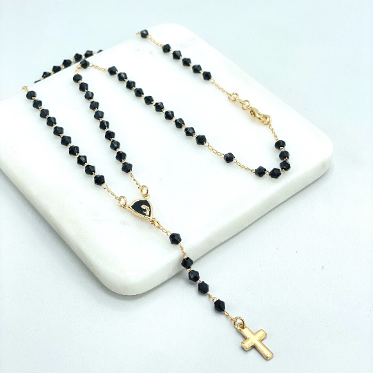 18k Gold Filled Black Beads with Virgin Mary Charm Beaded Necklace Rosary
