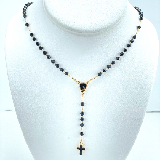 18k Gold Filled Black Beads with Virgin Mary Charm Beaded Necklace Rosary