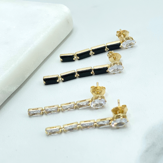 18k Gold Filled Rectangular Clear or Black Cubic Zirconia Drop & Dangle Push Back Earrings, Wholesale