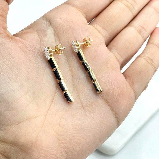 18k Gold Filled Rectangular Clear or Black Cubic Zirconia Drop & Dangle Push Back Earrings, Wholesale