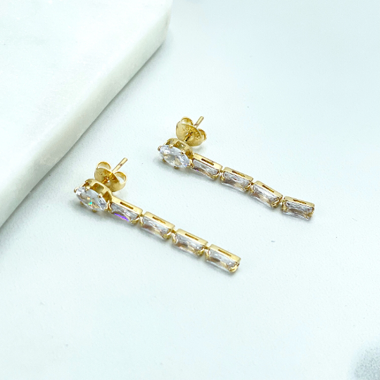18k Gold Filled Rectangular Clear or Black Cubic Zirconia Drop & Dangle Push Back Earrings, Wholesale