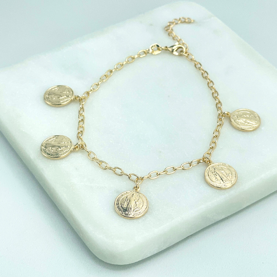 18k Gold Filled Paperclip Chain, San Benito Coin, 2 Sided Round Charms, Reversible San Benito, Catholic Jewelry, Wholesale