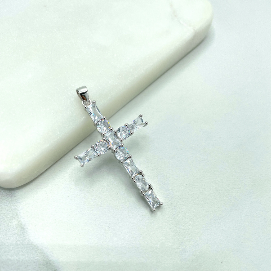 925 Sterling Silver Clear Cubic Zirconia Cross Shape Pendant Charm, Round & Rectangle Zirconias Shape, Wholesale
