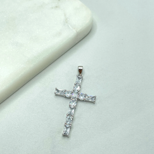 925 Sterling Silver Clear Cubic Zirconia Cross Shape Pendant Charm, Round & Rectangle Zirconias Shape, Wholesale