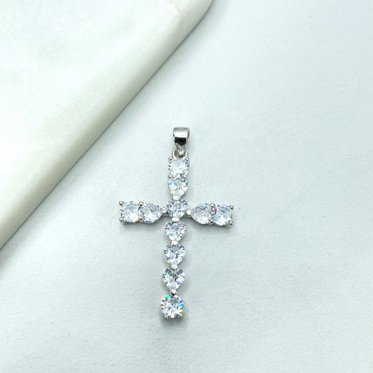 925 Sterling Silver Clear Cubic Zirconia Cross Shape Pendant Charm, Round & Heart Zirconias Shape, Wholesale