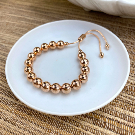 Rose Gold Filled 8mm Beads Beaded Adjustable Bracelet & Stackable Style with Slide Clap
