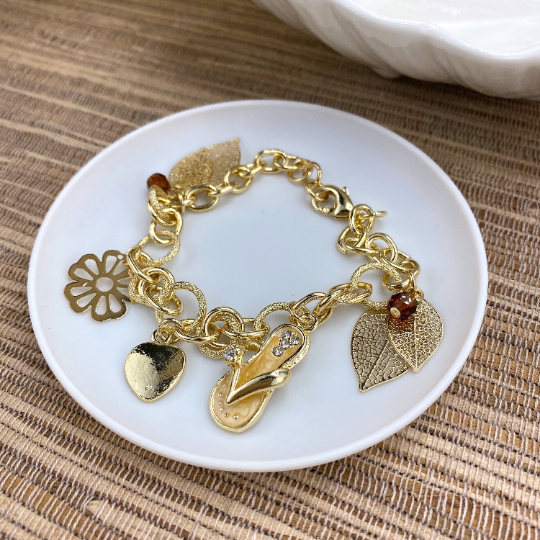 18k Gold Filled Leaves, Flower, Heart, Flip Flop, CZ and Beads in Texturized Link Bracelet