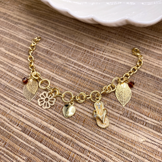 18k Gold Filled Leaves, Flower, Heart, Flip Flop, CZ and Beads in Texturized Link Bracelet