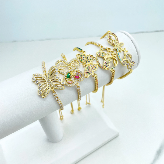 18k Gold Filled Box Chain & Sided CZ Adjustable Bracelet with Charms in Different Styles